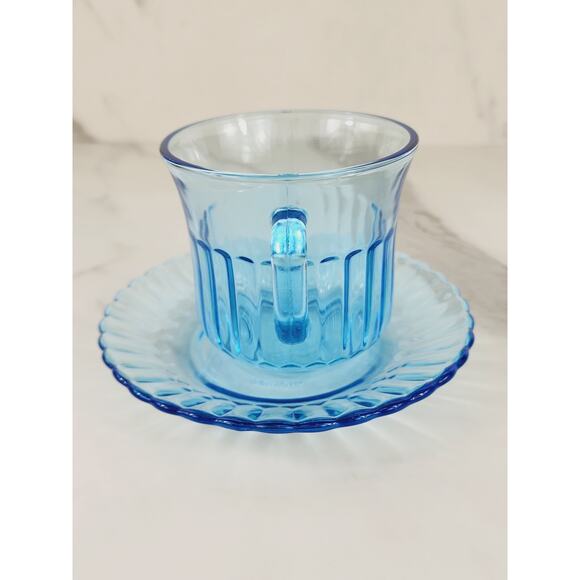 Fortecrisa Azure Ice Blue Glass Tea Cup Saucer 70's Interior Ribbed 5" Mexico x2 - Picture 3 of 13